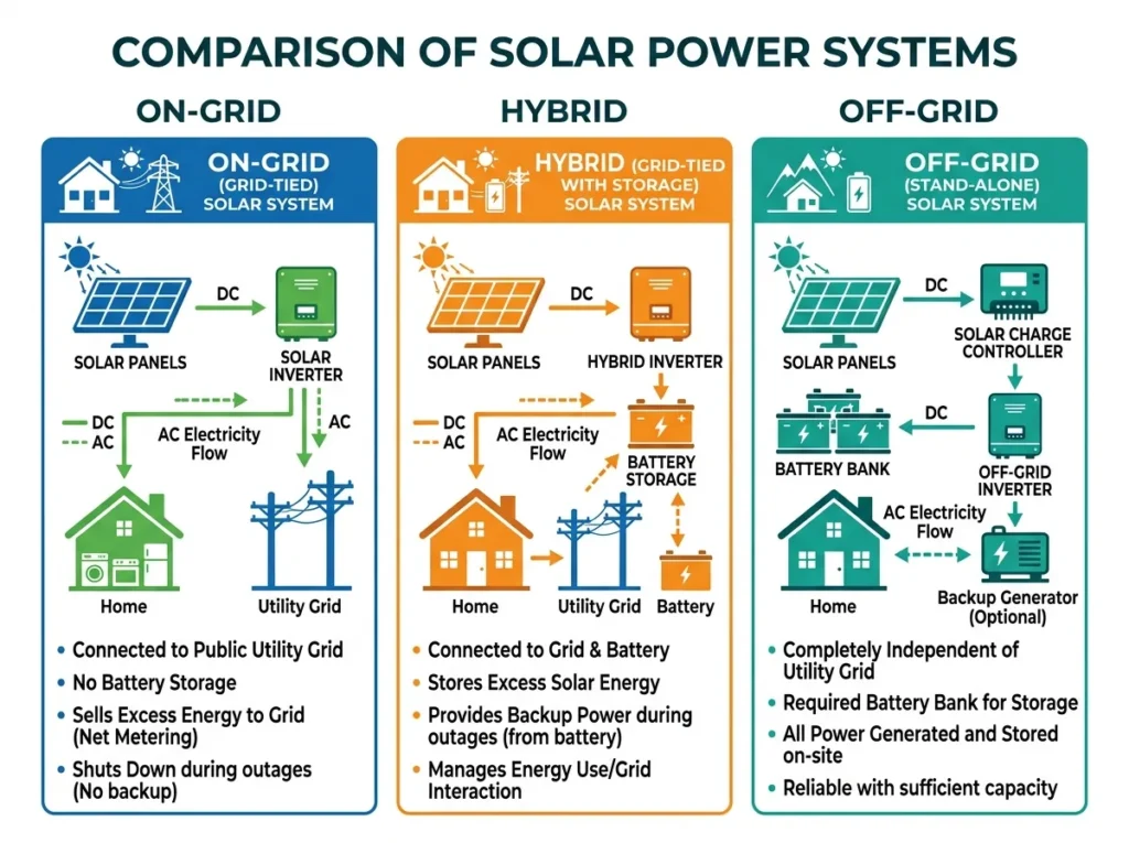 comparison of on-grid hybrid and off-grid solar systems