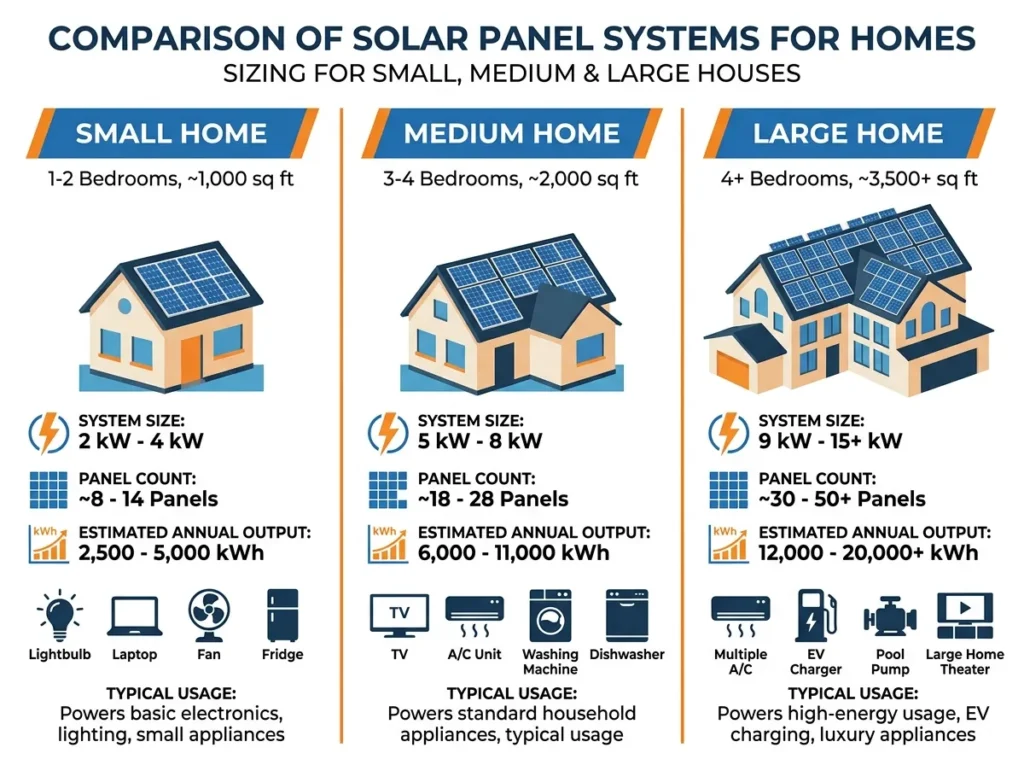 solar panel system size chart for different home sizes