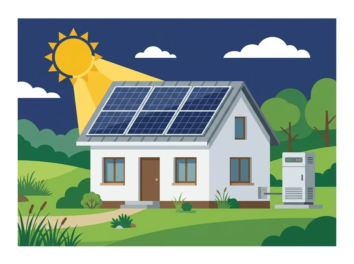 Off-grid solar system powering a home completely independent from the utility grid