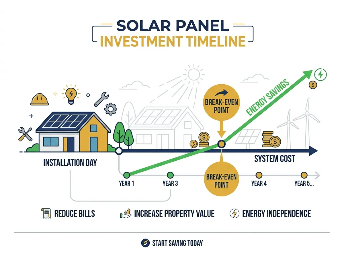 Solar panel payback period timeline showing break-even point in 2026