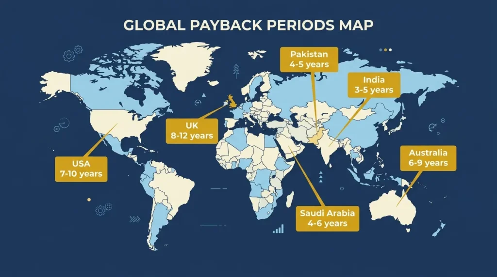 Solar panel payback period by country comparison 2026 — Pakistan, India, USA, UK, Australia