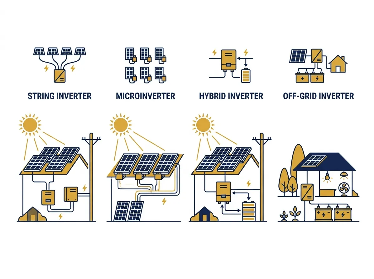 Types of solar inverters explained — string microinverter hybrid and off-grid comparison 2026